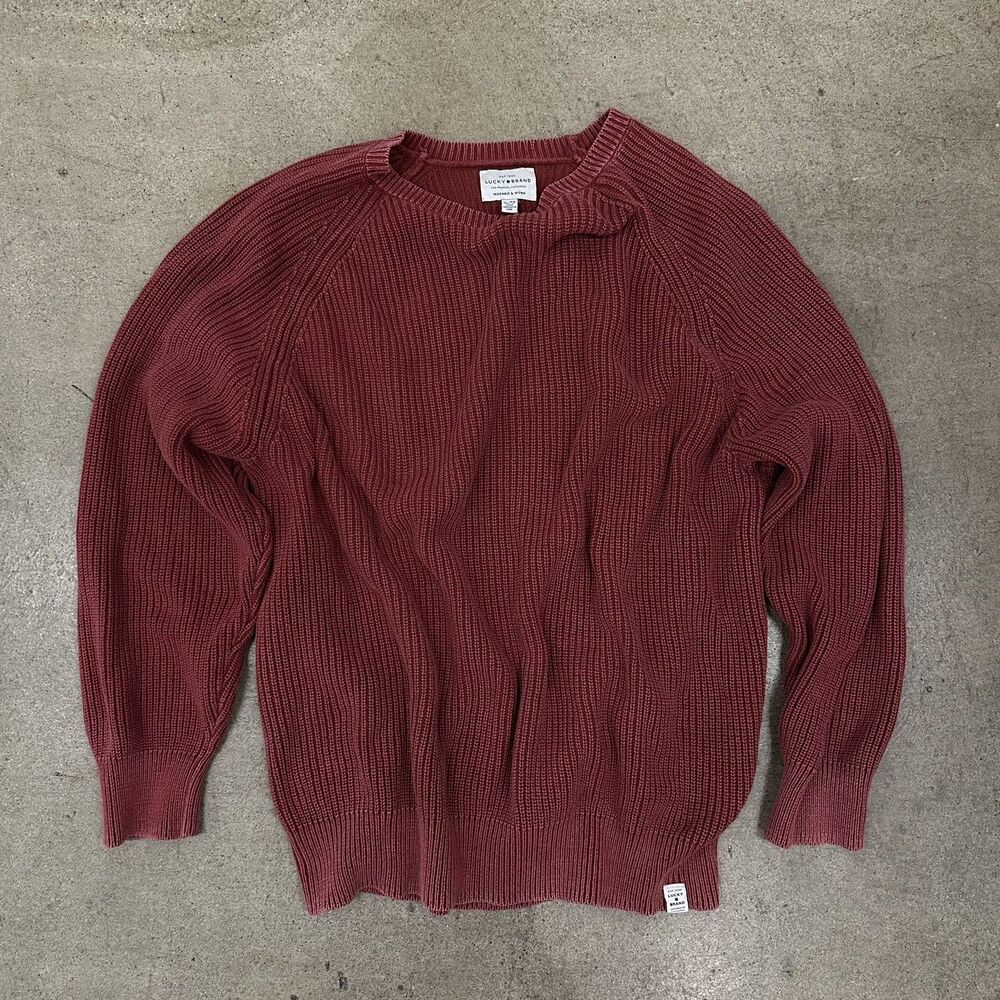 Lucky Brand Men’s L/XL Washed Red Ribbed Knit Sweater Crewneck Coastal Preppy